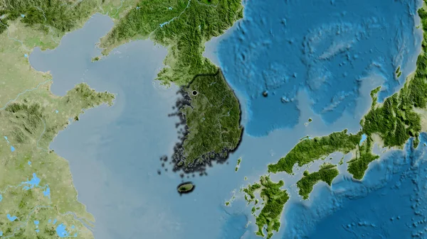 韩国边境地区的特写镜头 用卫星地图上的黑暗覆盖来突出显示 资本点 国家形状的斜边 — 图库照片
