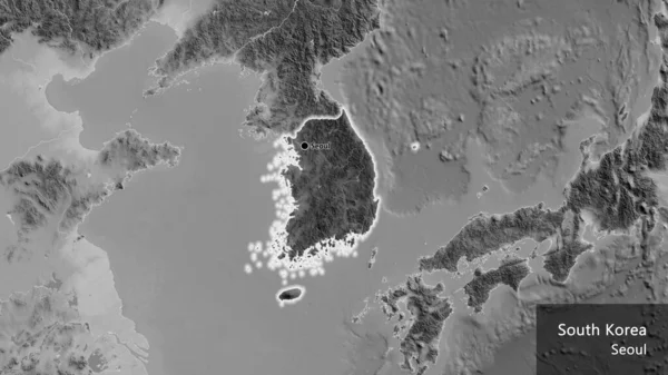 Közelkép Dél Koreai Határ Menti Területről Amely Egy Szürkeárnyalatos Térképen — Stock Fotó