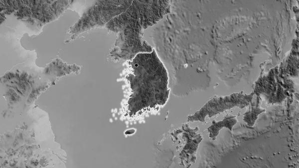Närbild Sydkoreas Gränsområde Med Ett Mörkt Överdrag Grå Karta Huvudpunkt — Stockfoto