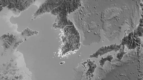 在一张灰色比例尺地图上对韩国边境地区及其区域边界进行的密切监视 资本点 国家形貌概述 — 图库照片