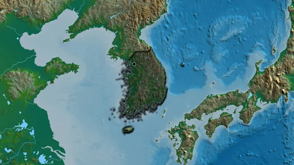 在韩国边境地区的特写镜头 用一张地形图上的黑暗阴影突出显示出来 资本点 国家形状的斜边 — 图库照片