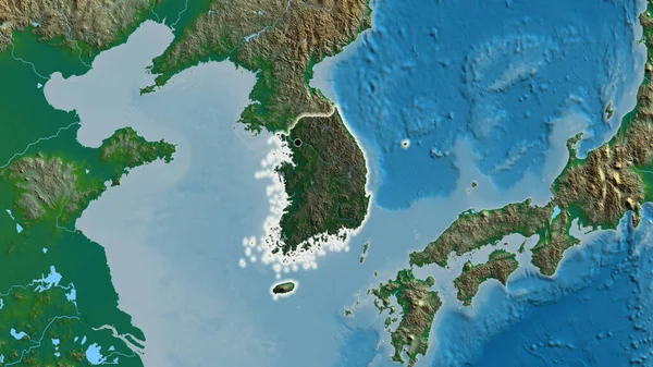 Крупный План Южнокорейской Пограничной Зоны Тёмным Наложением Физическую Карту Отличный — стоковое фото