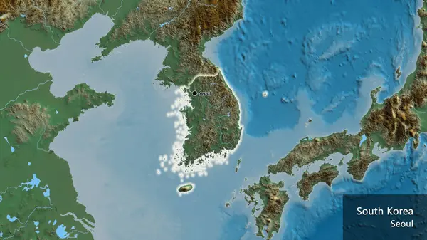 地图上的韩国边境地区的特写 资本点 风靡全国各地 国家及其首都的英文名称 — 图库照片
