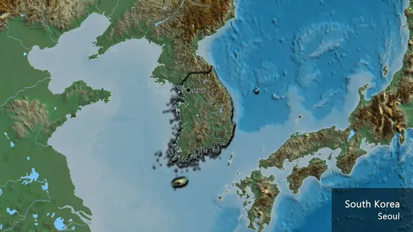 Detailní Záběr Pohraniční Oblasti Jižní Koreje Mapě Reliéfu Fakt Zkosené — Stock fotografie