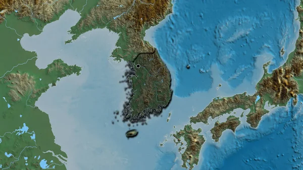 韩国边境地区的特写镜头突出显示了一张解像图上的黑暗覆盖 资本点 国家形状的斜边 — 图库照片