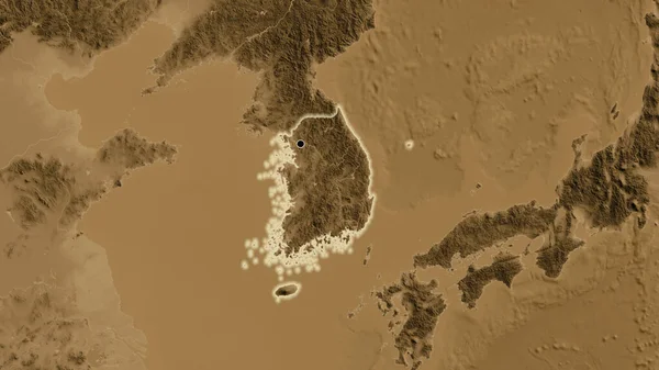 Detailní Záběr Pohraniční Oblasti Jižní Koreje Mapě Nadmořské Výšky Sépie — Stock fotografie