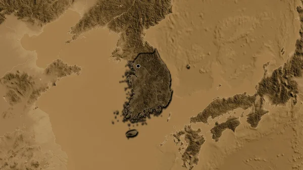 在韩国边境地区的特写镜头下 一道深暗的阴影笼罩在一张黑色的高程地图上 资本点 国家形状的斜边 — 图库照片