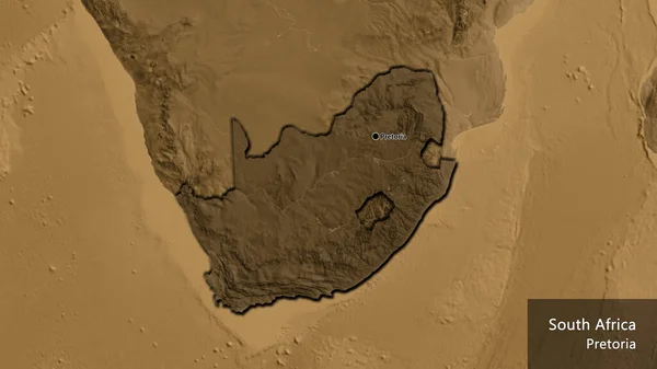 Close-up of the South Africa border area highlighting with a dark overlay on a sepia elevation map. Capital point. Bevelled edges of the country shape. English name of the country and its capital