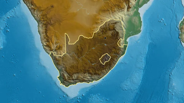 Close-up of the South Africa border area highlighting with a dark overlay on a relief map. Capital point. Outline around the country shape.