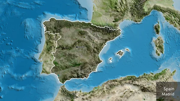 Close-up of the Spain border area highlighting with a dark overlay on a satellite map. Capital point. Outline around the country shape. English name of the country and its capital