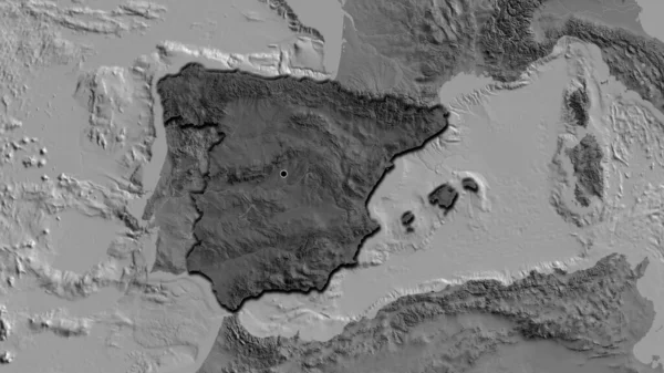 Close-up of the Spain border area highlighting with a dark overlay on a bilevel map. Capital point. Bevelled edges of the country shape.