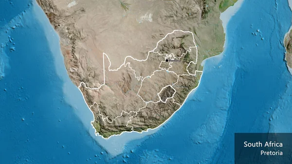 Close-up of the South Africa border area and its regional borders on a satellite map. Capital point. Outline around the country shape. English name of the country and its capital