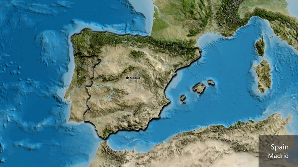 Närbild Spaniens Gränsområde Satellitkarta Huvudpunkt Skalade Kanter Landet Form Landets — Stockfoto
