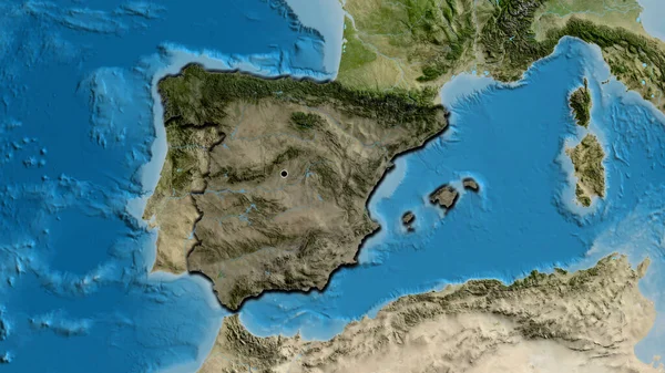 西班牙边境地区的特写镜头 用卫星地图上的黑暗覆盖突出显示 资本点 国家形状的斜边 — 图库照片