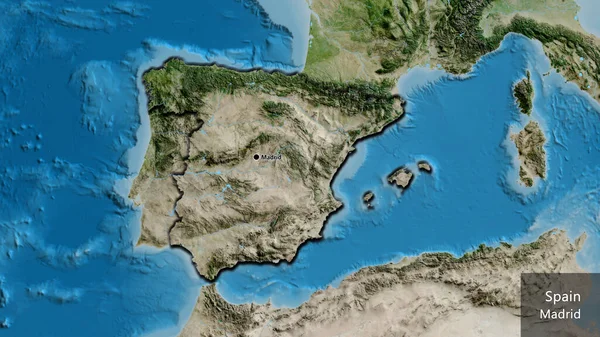 Close-up of the Spain border area on a satellite map. Capital point. Bevelled edges of the country shape. English name of the country and its capital
