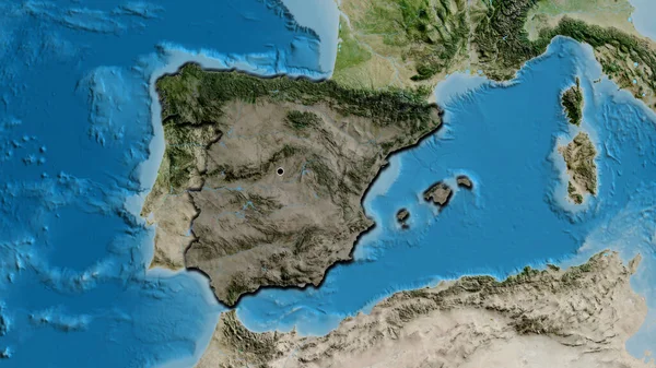 衛星地図上の暗いオーバーレイで強調スペイン国境地域のクローズアップ 資本ポイント 国の形の縁が隠されている — ストック写真