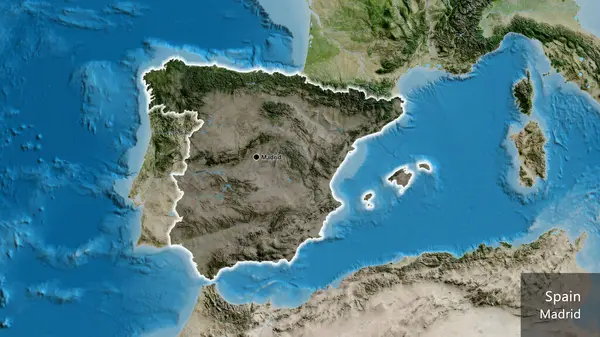 Närbild Spaniens Gränsområde Med Mörk Överlagring Satellitkarta Huvudpunkt Glow Runt — Stockfoto