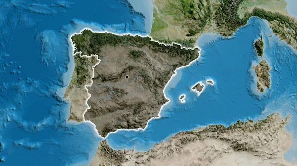 Närbild Spaniens Gränsområde Med Mörk Överlagring Satellitkarta Huvudpunkt Glow Runt — Stockfoto