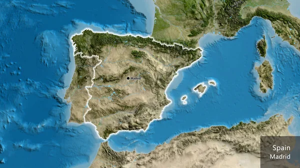 在卫星地图上对西班牙边境地区进行了近距离调查 资本点 风靡全国各地 国家及其首都的英文名称 — 图库照片