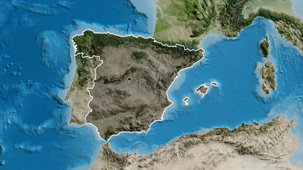 Close-up of the Spain border area highlighting with a dark overlay on a satellite map. Capital point. Outline around the country shape.