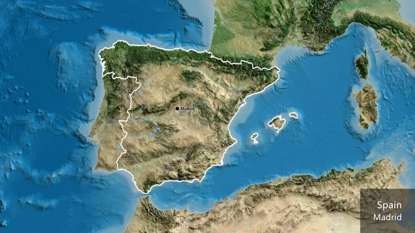 Close-up of the Spain border area on a satellite map. Capital point. Outline around the country shape. English name of the country and its capital