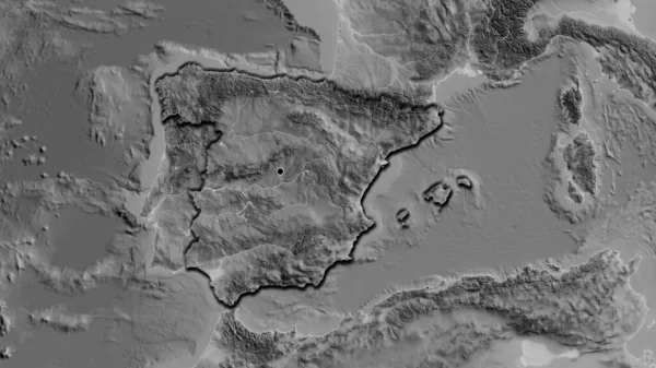 Close-up of the Spain border area on a grayscale map. Capital point. Bevelled edges of the country shape.