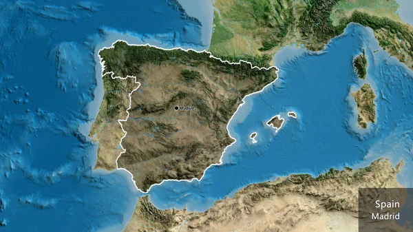 衛星地図上の暗いオーバーレイで強調スペイン国境地域のクローズアップ 資本ポイント 国の形の周りの概要 英名国とその首都 — ストック写真