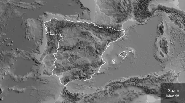 Închiderea Zonei Frontieră Spaniei Hartă Scară Gri Punct Capital Contur — Fotografie, imagine de stoc