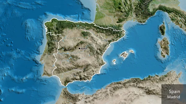 在卫星地图上对西班牙边境地区进行了近距离调查 资本点 概略地描述一下国家的面貌 国家及其首都的英文名称 — 图库照片