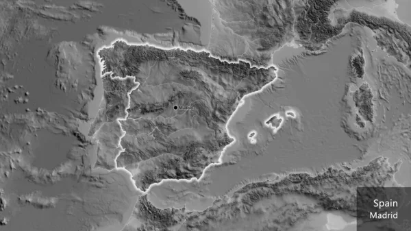 Close Área Fronteiriça Espanha Mapa Escala Cinza Ponto Capital Brilha — Fotografia de Stock