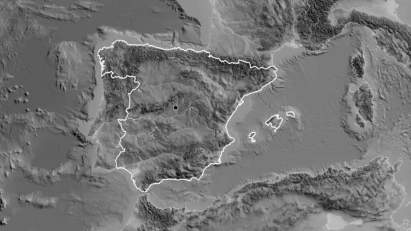 Close-up of the Spain border area on a grayscale map. Capital point. Outline around the country shape.