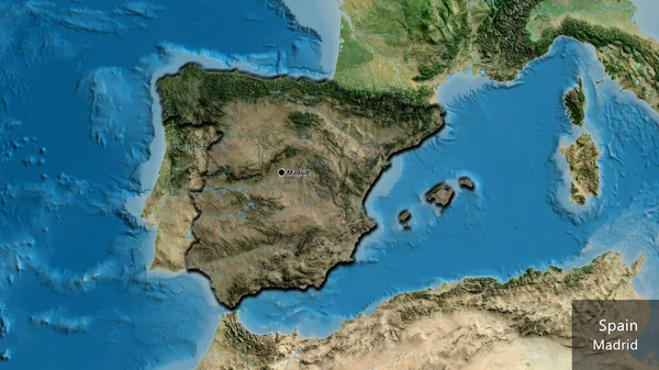 西班牙边境地区的特写镜头 用卫星地图上的黑暗覆盖突出显示 资本点 这个国家的边缘呈斜角状 国家及其首都的英文名称 — 图库照片