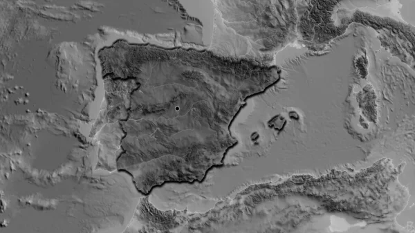 Close Spain Border Area Highlighting Dark Overlay Grayscale Map Capital — Stock Photo, Image