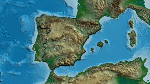Close-up of the Spain border area on a physical map. Capital point. Bevelled edges of the country shape.