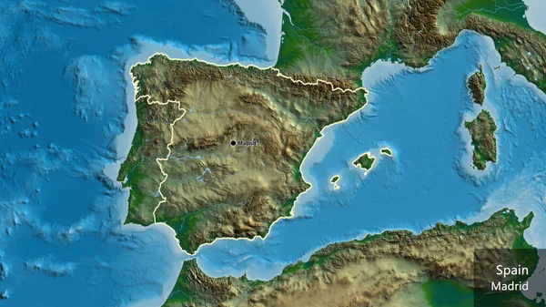 Close-up of the Spain border area on a physical map. Capital point. Outline around the country shape. English name of the country and its capital