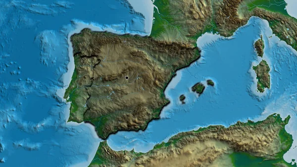 Close-up of the Spain border area highlighting with a dark overlay on a physical map. Capital point. Bevelled edges of the country shape.