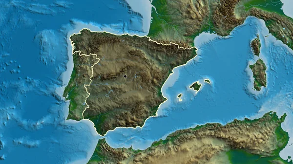 Close-up of the Spain border area highlighting with a dark overlay on a physical map. Capital point. Outline around the country shape.