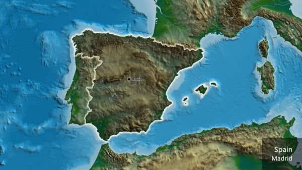 西班牙边境地区的特写镜头 用一张地形图上的黑暗阴影突出显示出来 资本点 风靡全国各地 国家及其首都的英文名称 — 图库照片