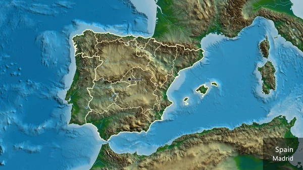 Close-up of the Spain border area and its regional borders on a physical map. Capital point. Outline around the country shape. English name of the country and its capital