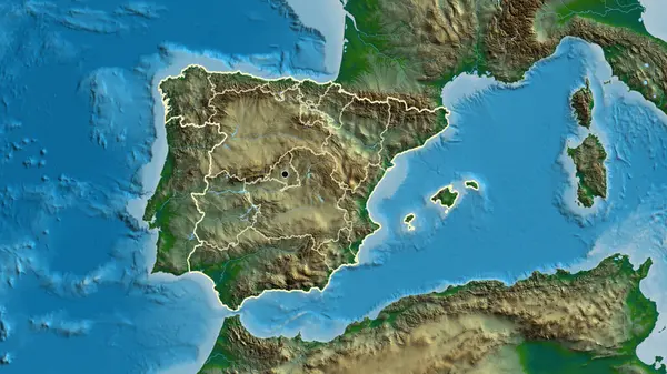 スペイン国境地域とその地域の境界線の物理的な地図上のクローズアップ 資本ポイント 全国の概要 — ストック写真
