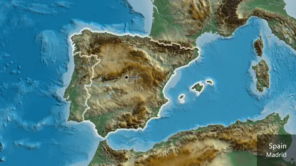Primer Plano Zona Fronteriza España Mapa Relieve Punto Capital Brillan — Foto de Stock