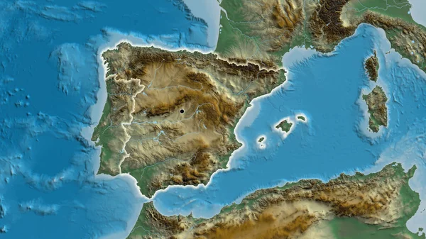 Close-up of the Spain border area on a relief map. Capital point. Glow around the country shape.
