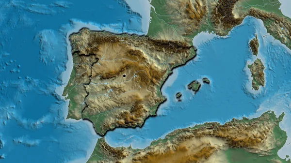 Close-up of the Spain border area on a relief map. Capital point. Bevelled edges of the country shape.