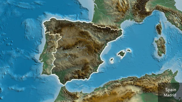 Close-up of the Spain border area highlighting with a dark overlay on a relief map. Capital point. Glow around the country shape. English name of the country and its capital