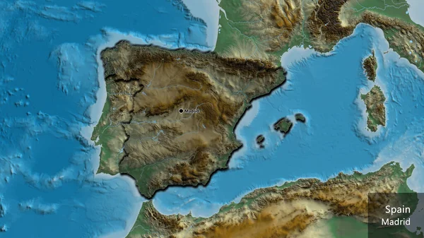Close-up of the Spain border area highlighting with a dark overlay on a relief map. Capital point. Bevelled edges of the country shape. English name of the country and its capital