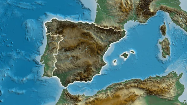 スペイン国境地域のクローズアップは 救援地図上の暗いオーバーレイで強調表示されます 資本ポイント 全国に光る — ストック写真