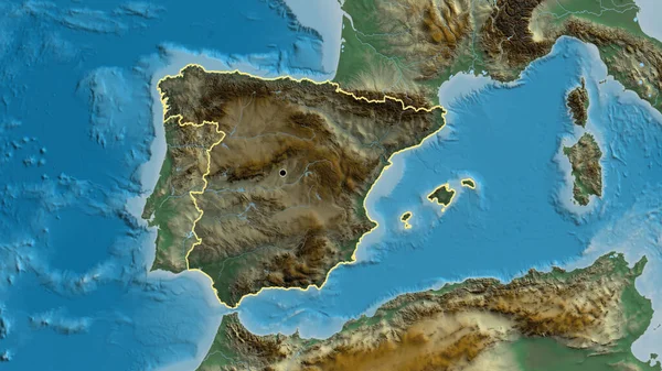西班牙边境地区的特写镜头突出显示了一张救济地图上的黑暗阴影 资本点 国家形貌概述 — 图库照片