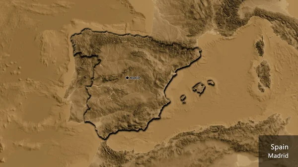 Close Área Fronteira Com Espanha Mapa Elevação Sépia Ponto Capital — Fotografia de Stock