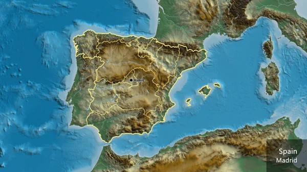 Close Spain Border Area Its Regional Borders Relief Map Capital — Stock Photo, Image