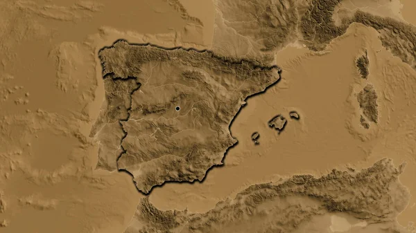 セピア標高地図上のスペイン国境地帯の閉鎖 資本ポイント 国の形の縁が隠されている — ストック写真